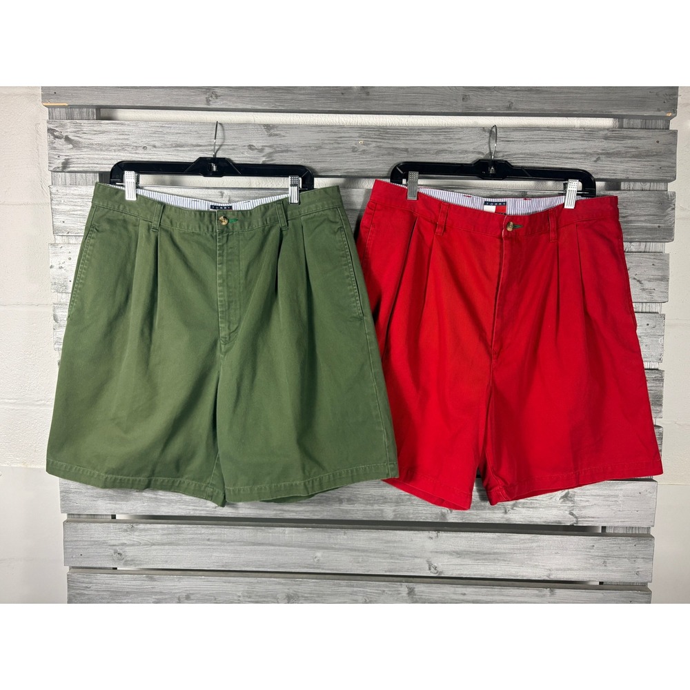 Lot of 2 Tommy Hilfiger Mens Pleated Chino Shorts Red Green 36 Vintage